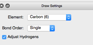 Detail view of Avogadro 'draw settings':
In 'element' field, 'Carbon (6)' is selected. In 'bond order' field, 'single' is selected. The 'Adjust Hydrogens' checkbox is ticked.